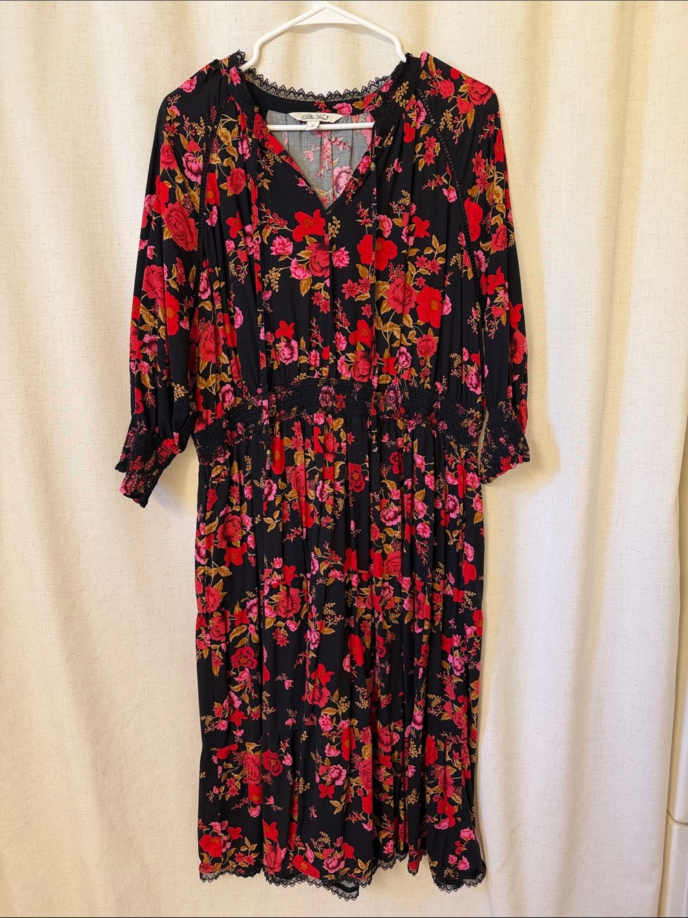 The Pioneer Woman Midi Dress with Red & Pink Floral Print-XL- Like New